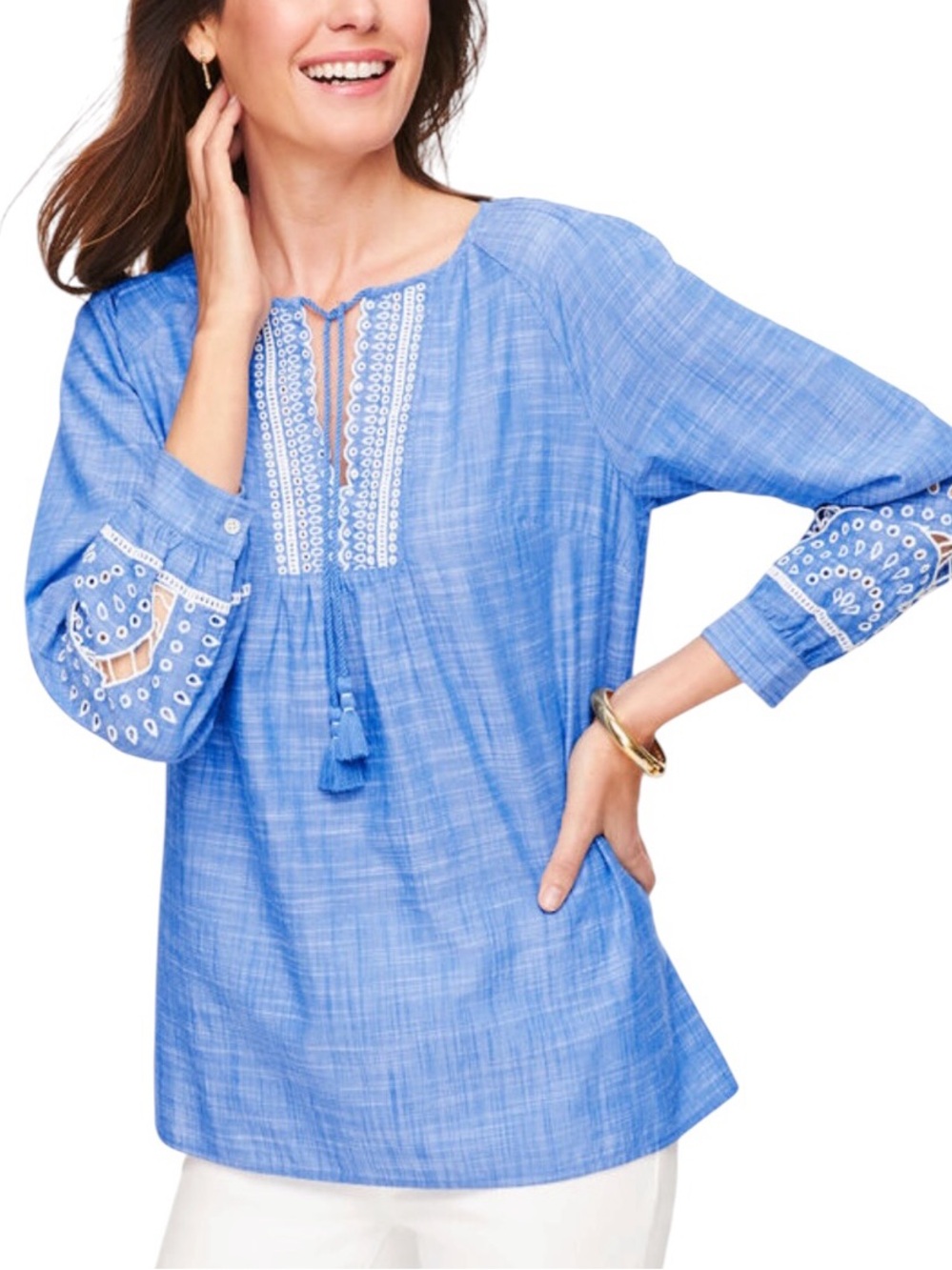 Talbots embroidered tassel tie peasant top in cotton size M like new condition